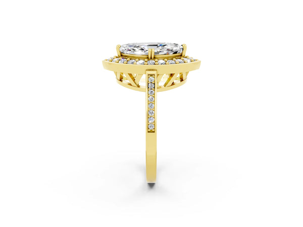 Yellow gold Marquise Cut Moissanite Halo Ring with Split Shank and Four-Prong Setting