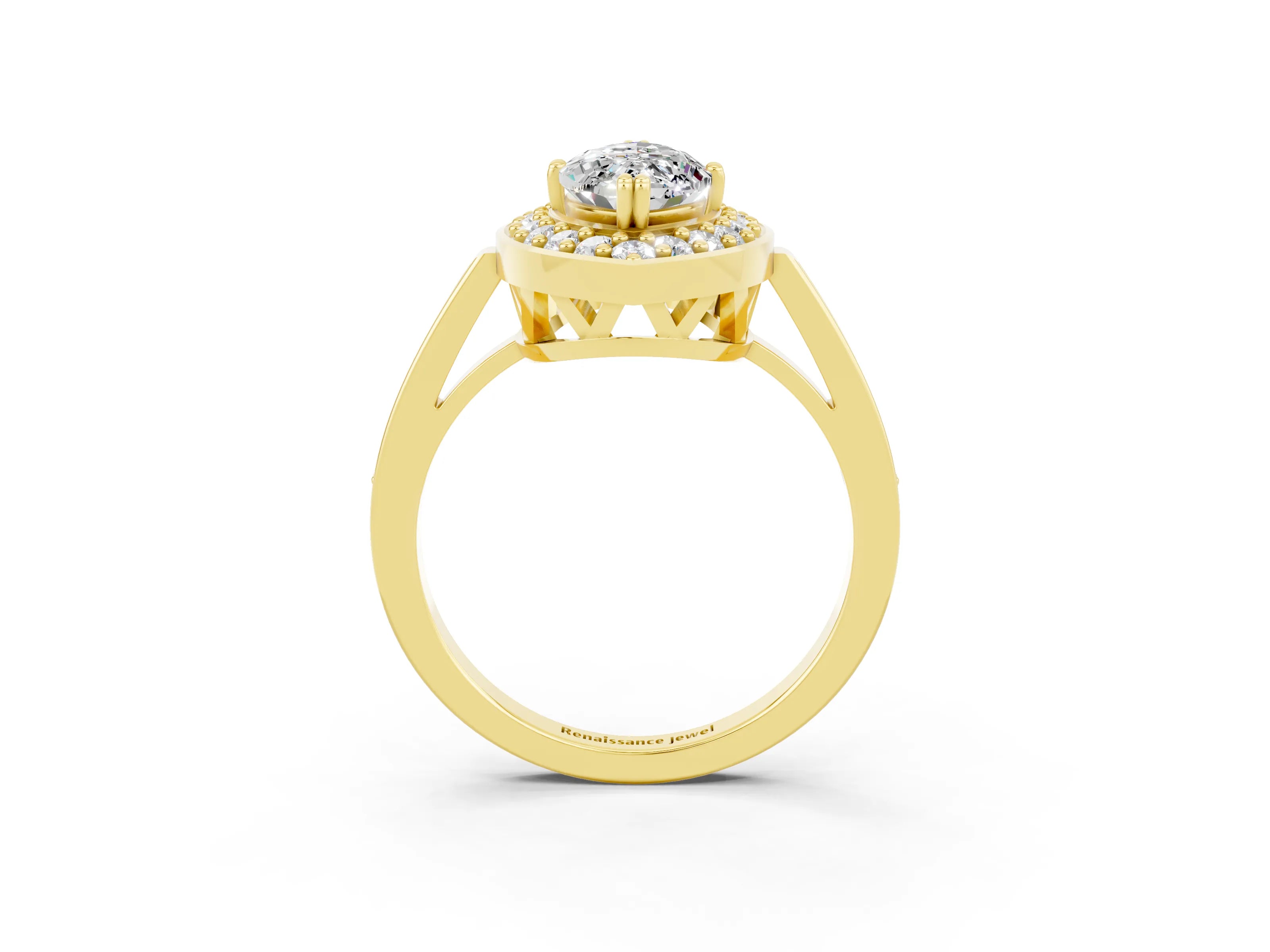 Yellow gold Marquise Cut Moissanite Halo Ring with Split Shank and Four-Prong Setting_3