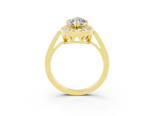 Yellow gold Marquise Cut Moissanite Halo Ring with Split Shank and Four-Prong Setting