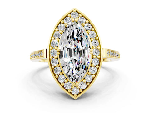 Yellow gold Marquise Cut Moissanite Halo Ring with Split Shank and Four-Prong Setting