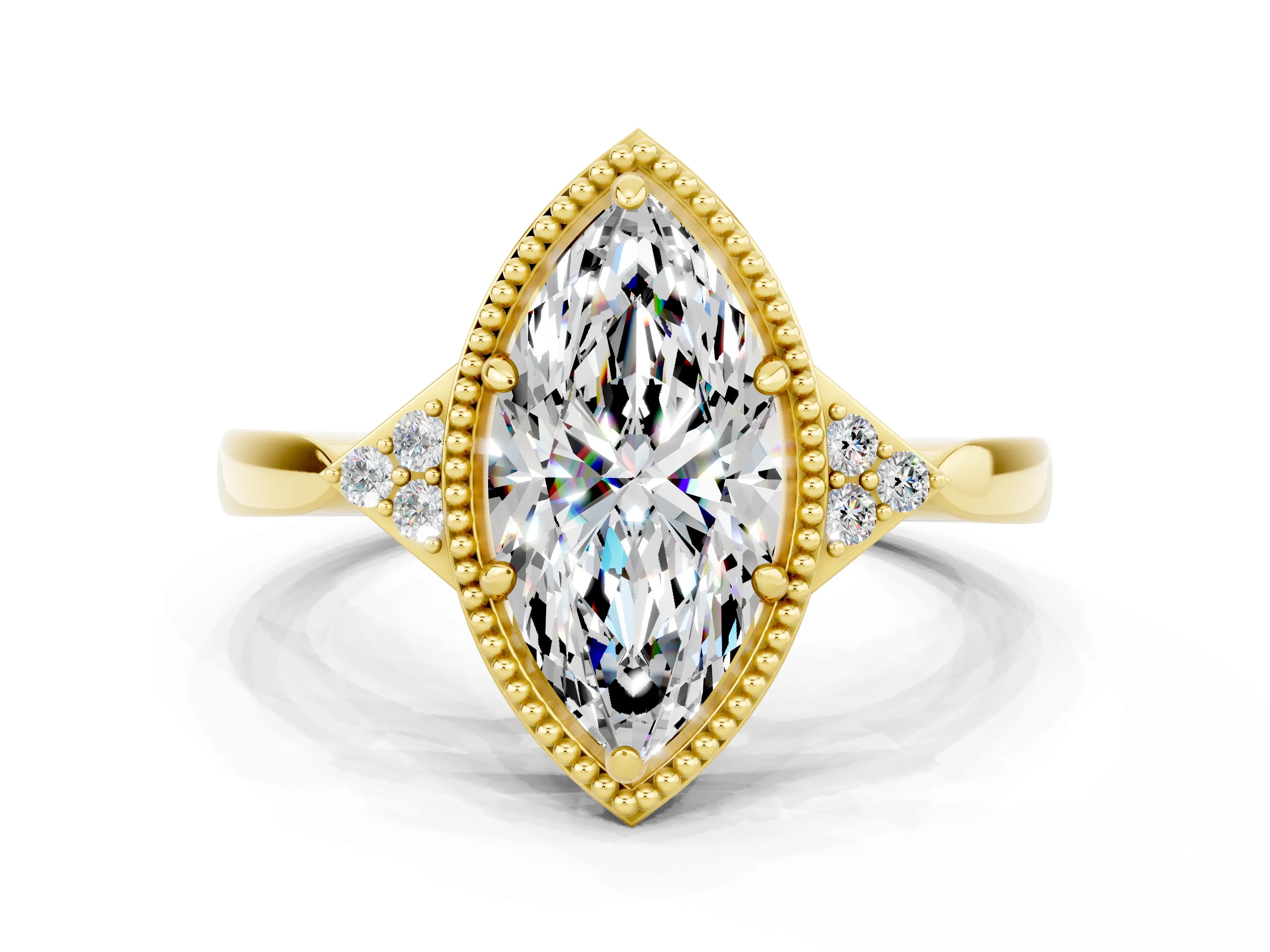 Yellow gold Marquise Cut Moissanite Halo Ring with Tapered Band and Four-Prong Setting