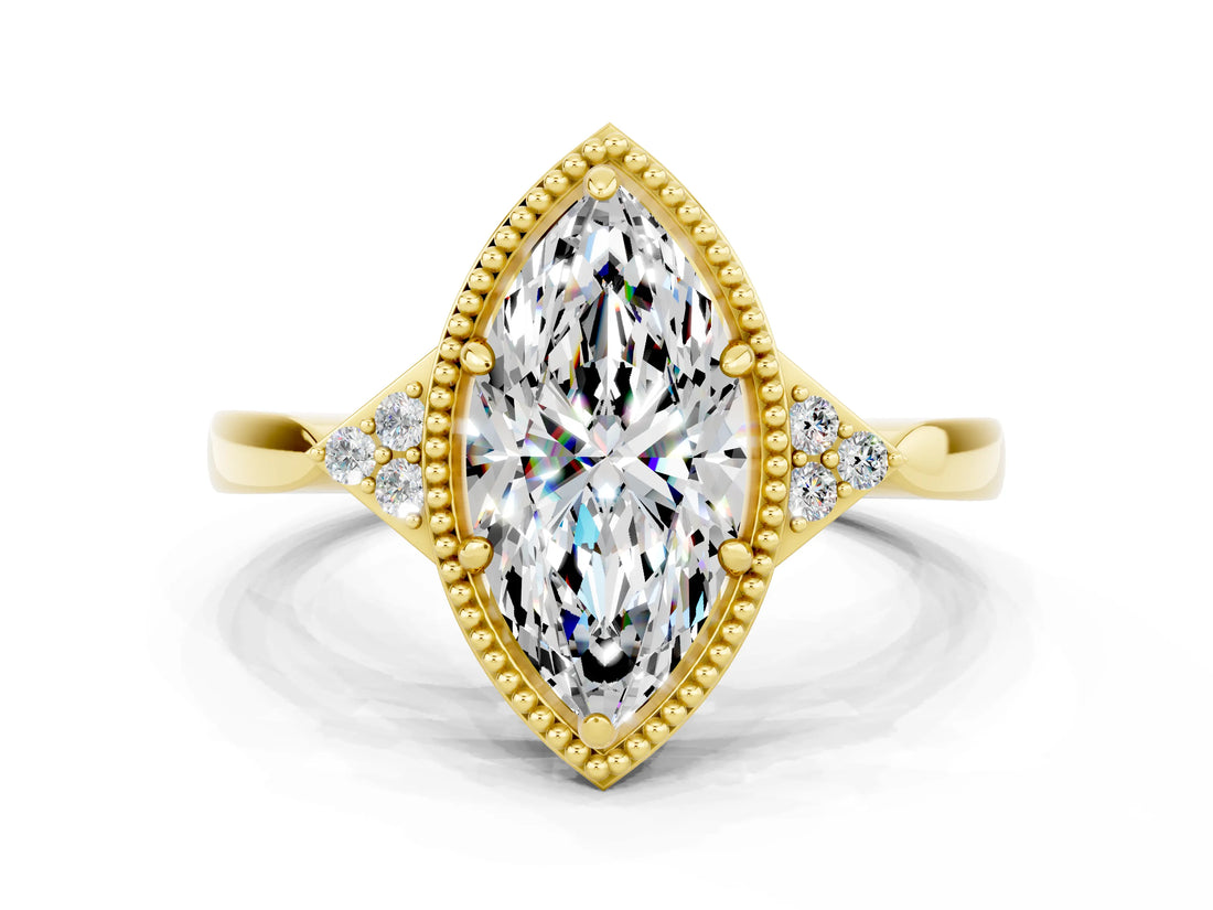 Yellow gold Marquise Cut Moissanite Halo Ring with Tapered Band and Four-Prong Setting