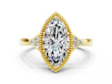 Yellow gold Marquise Cut Moissanite Halo Ring with Tapered Band and Four-Prong Setting