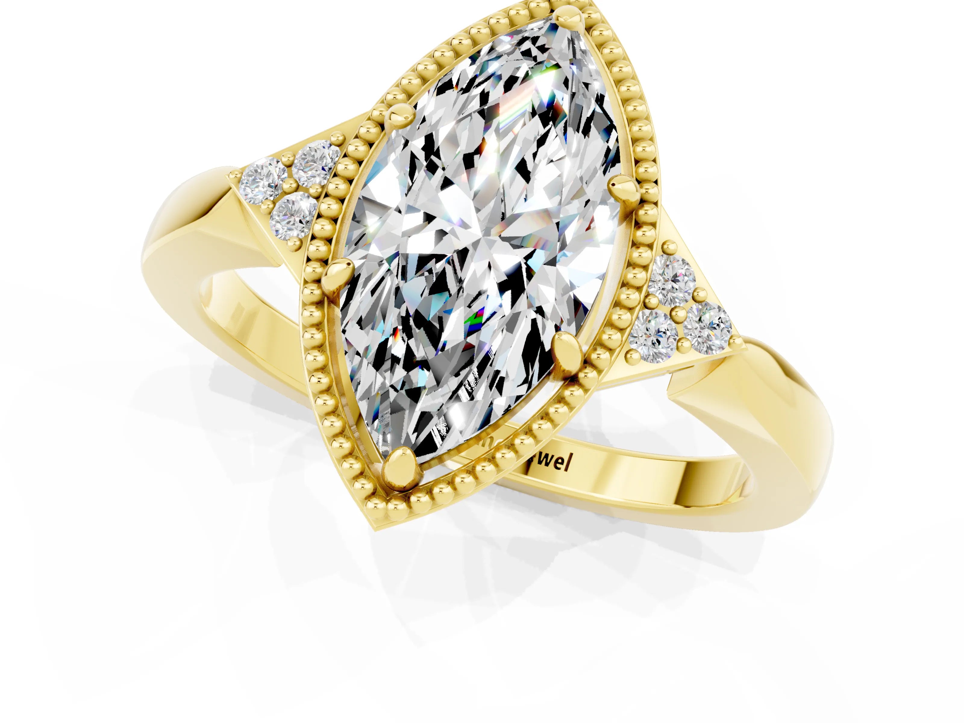 Yellow gold Marquise Cut Moissanite Halo Ring with Tapered Band and Four-Prong Setting_1