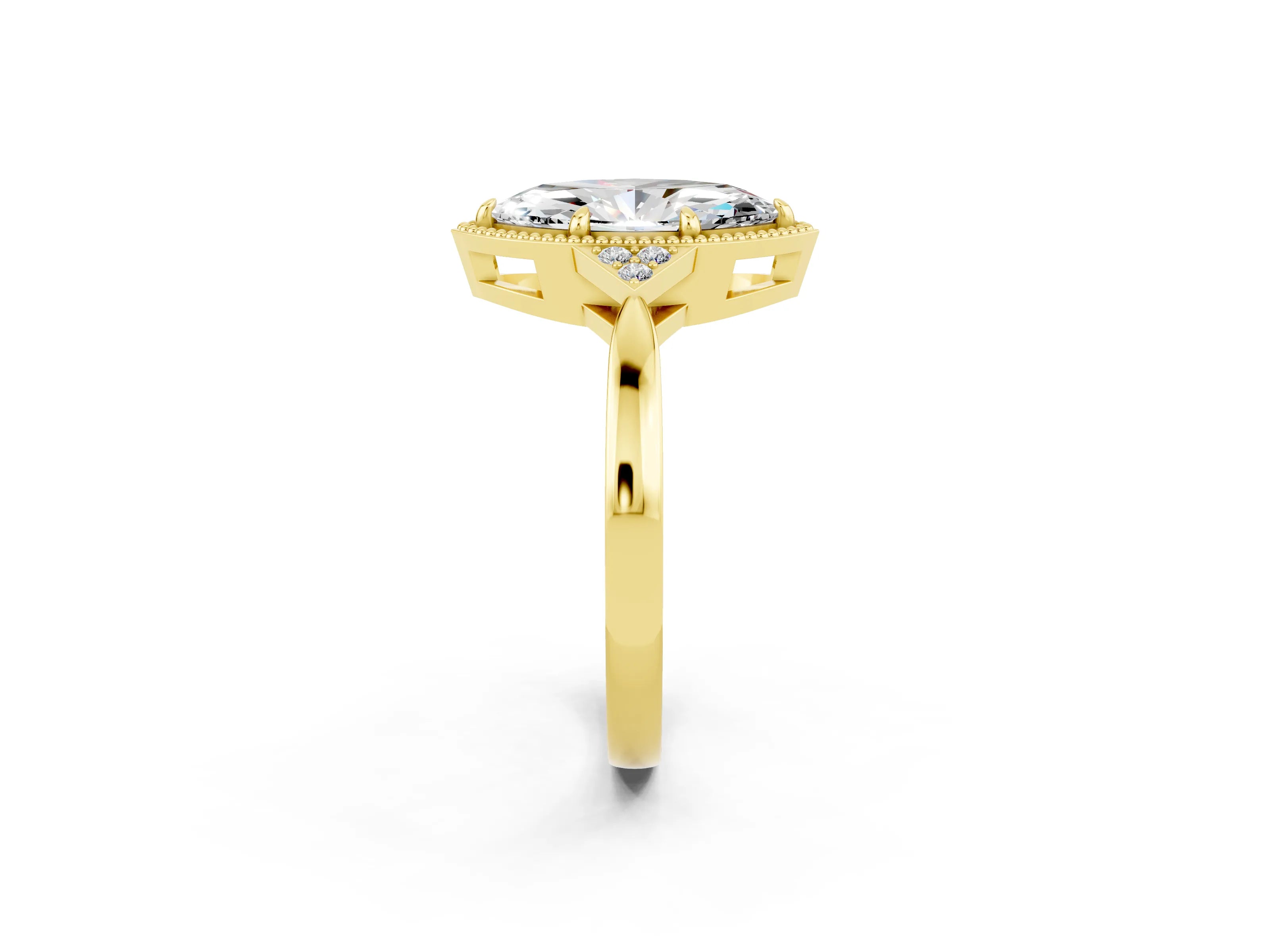 Yellow gold Marquise Cut Moissanite Halo Ring with Tapered Band and Four-Prong Setting_2
