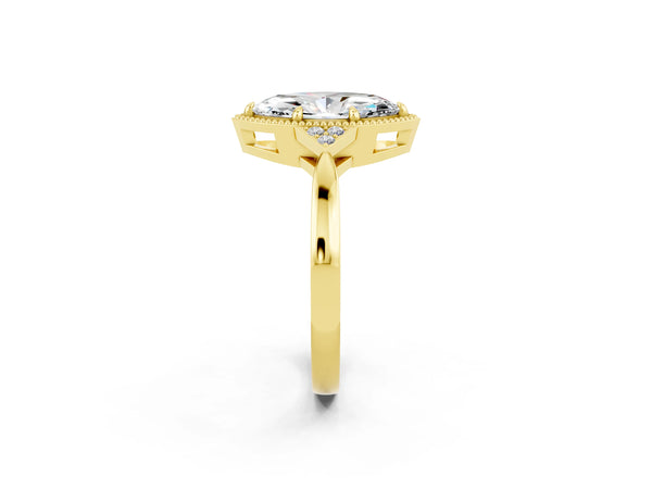 Yellow gold Marquise Cut Moissanite Halo Ring with Tapered Band and Four-Prong Setting