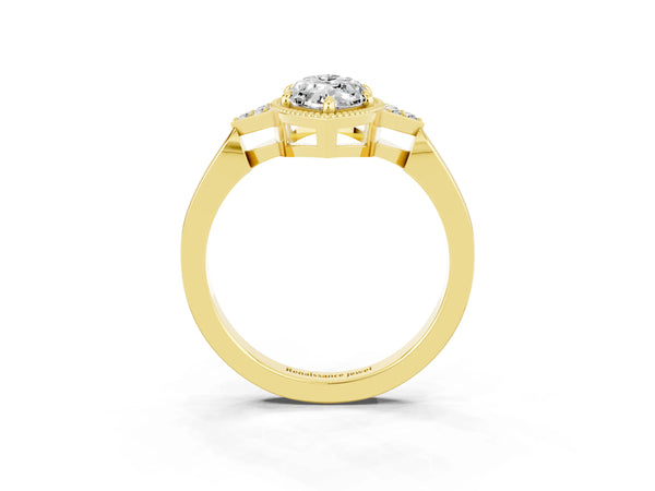 Yellow gold Marquise Cut Moissanite Halo Ring with Tapered Band and Four-Prong Setting