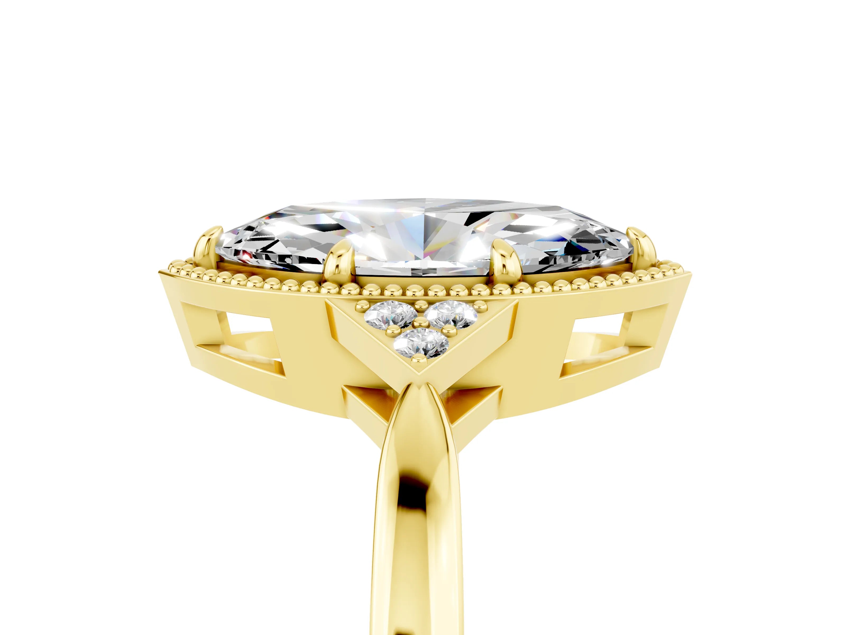 Yellow gold Marquise Cut Moissanite Halo Ring with Tapered Band and Four-Prong Setting_5