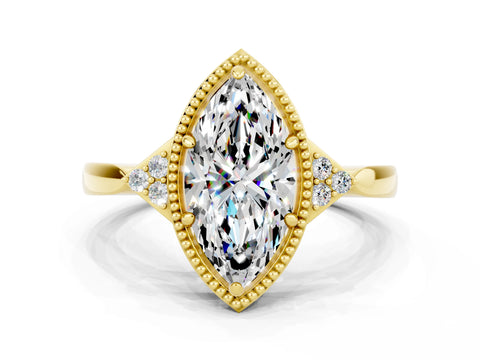 Yellow gold Marquise Cut Moissanite Halo Ring with Tapered Band and Four-Prong Setting
