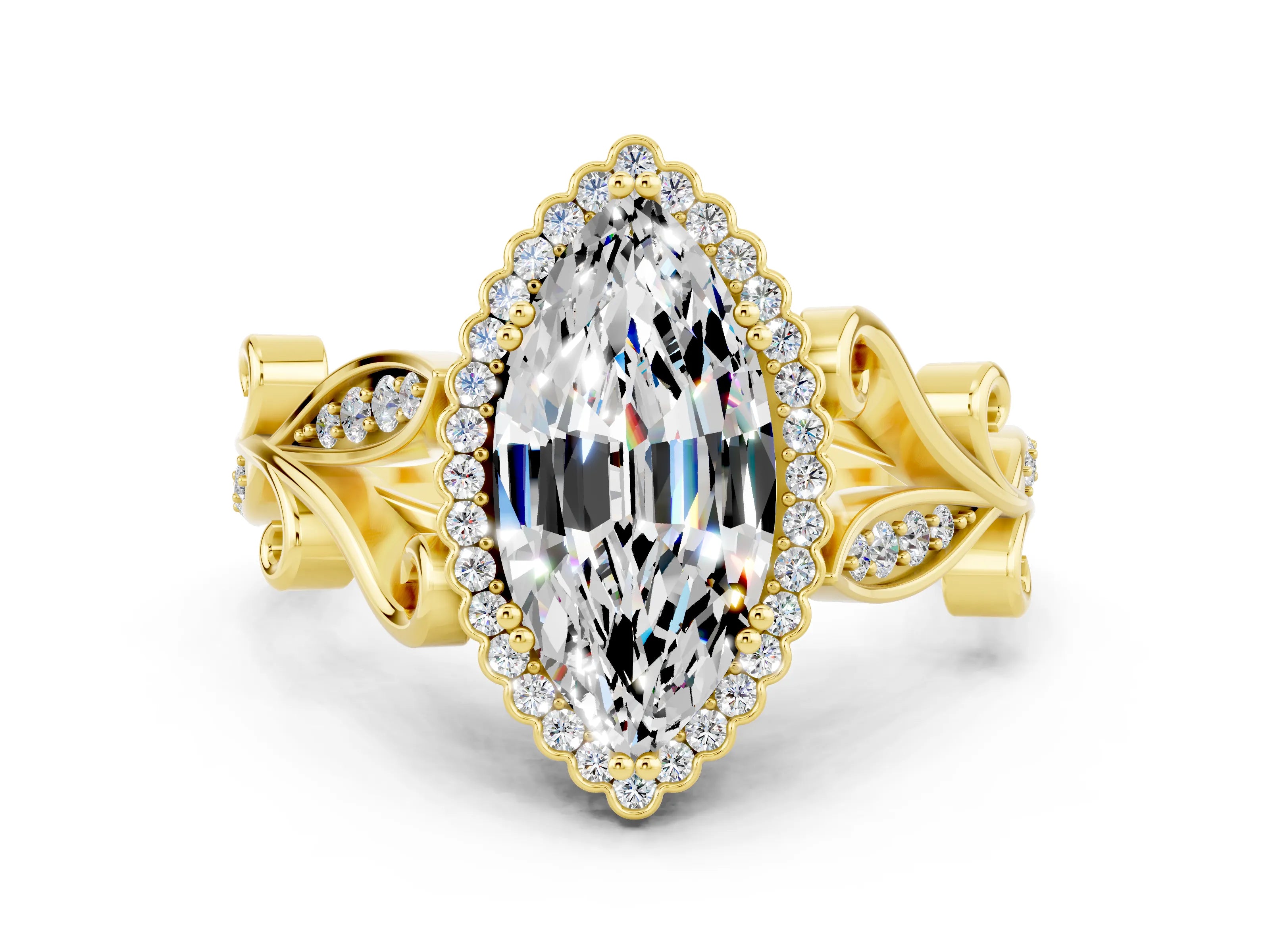 Yellow gold Marquise Cut Moissanite Halo Ring with Vintage Split Shank and Four-Prong Setting