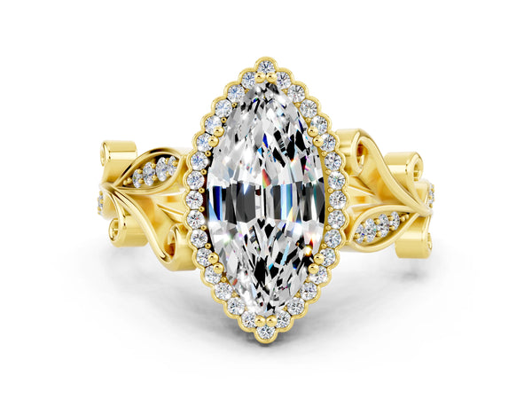 Yellow gold Marquise Cut Moissanite Halo Ring with Vintage Split Shank and Four-Prong Setting