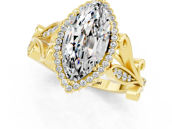 Yellow gold Marquise Cut Moissanite Halo Ring with Vintage Split Shank and Four-Prong Setting