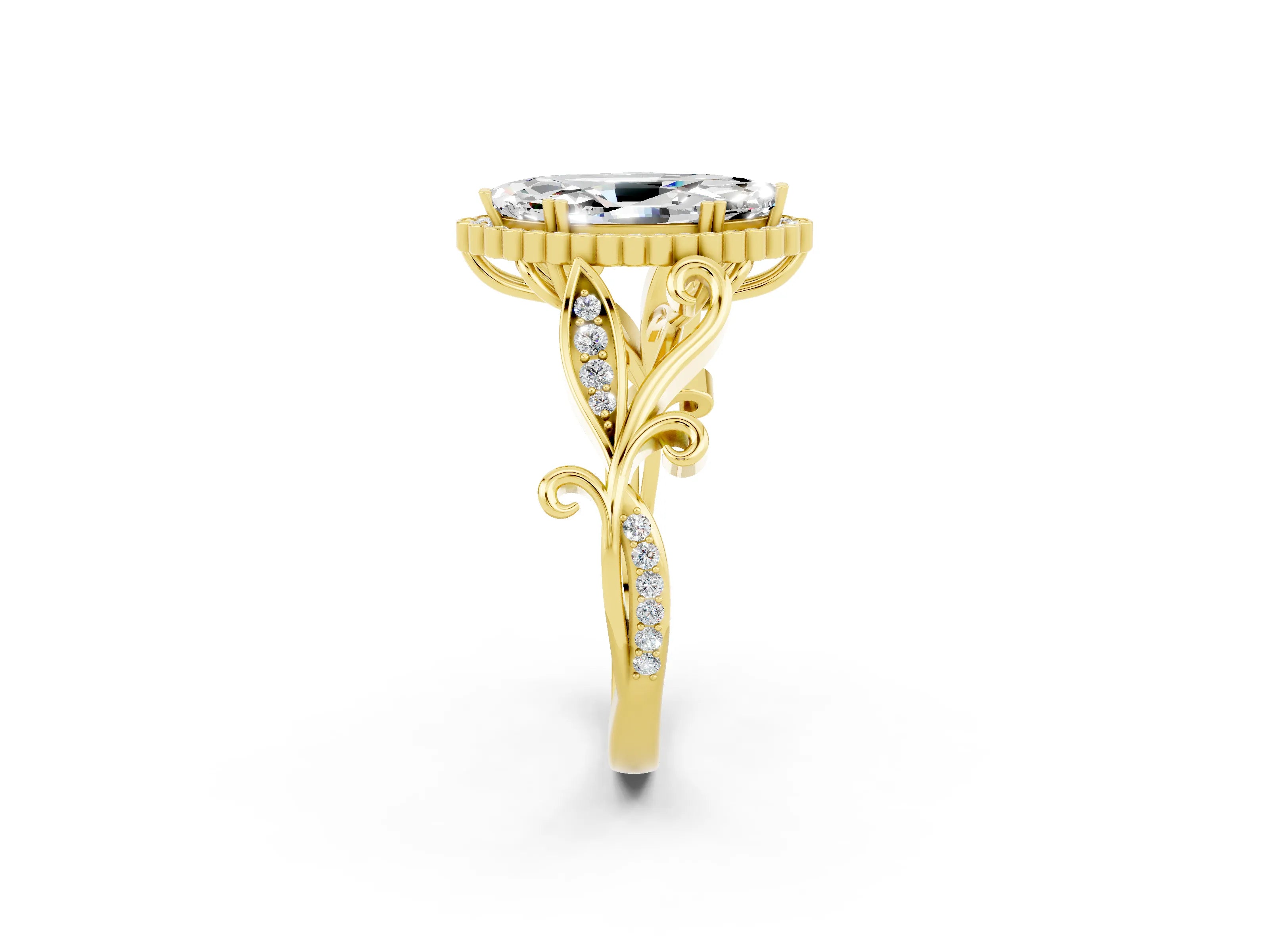 Yellow gold Marquise Cut Moissanite Halo Ring with Vintage Split Shank and Four-Prong Setting_2