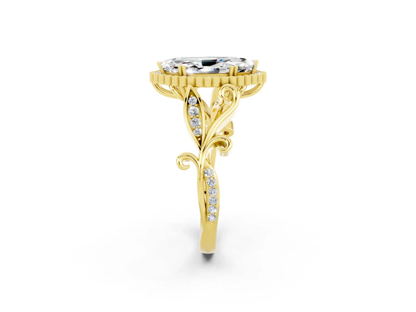 Yellow gold Marquise Cut Moissanite Halo Ring with Vintage Split Shank and Four-Prong Setting