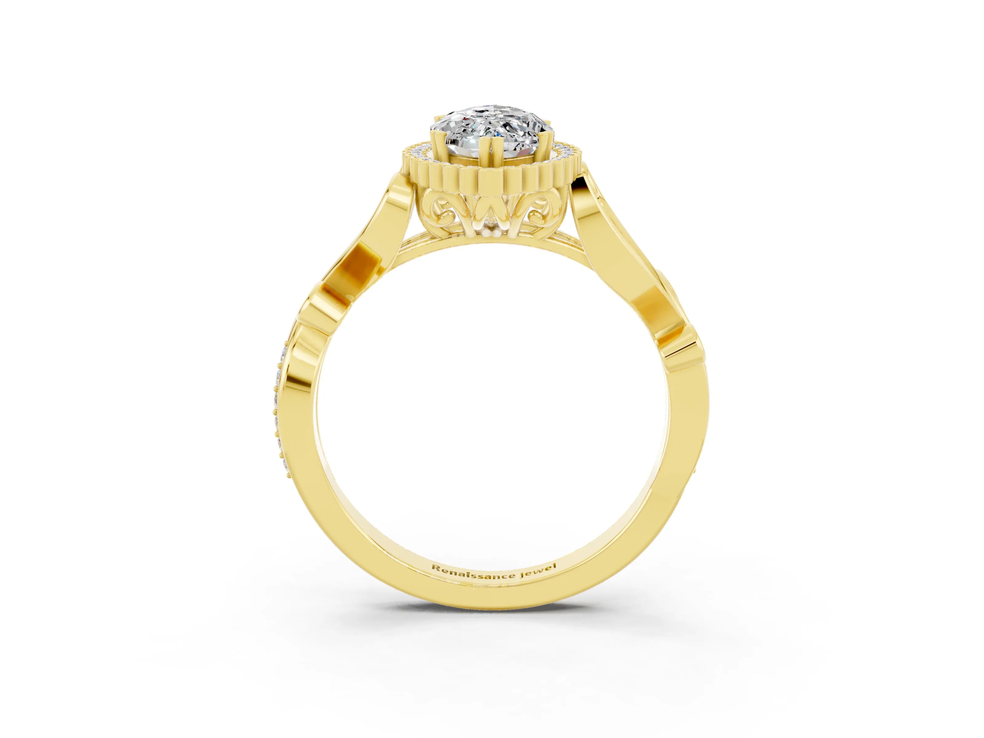 Yellow gold Marquise Cut Moissanite Halo Ring with Vintage Split Shank and Four-Prong Setting_3