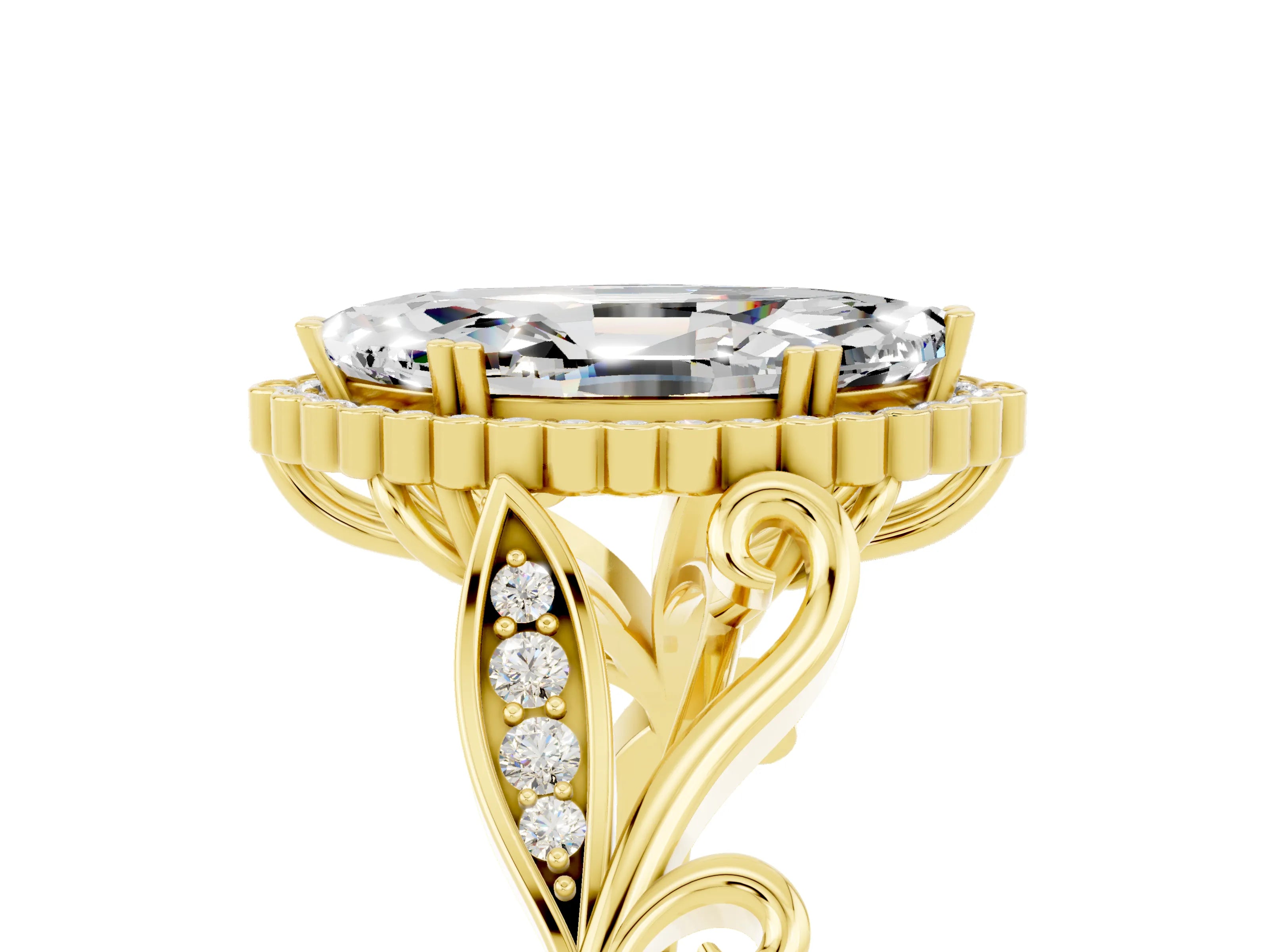 Yellow gold Marquise Cut Moissanite Halo Ring with Vintage Split Shank and Four-Prong Setting_5