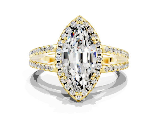 Yellow gold Marquise Cut Moissanite Halo Split Shank Engagement Ring