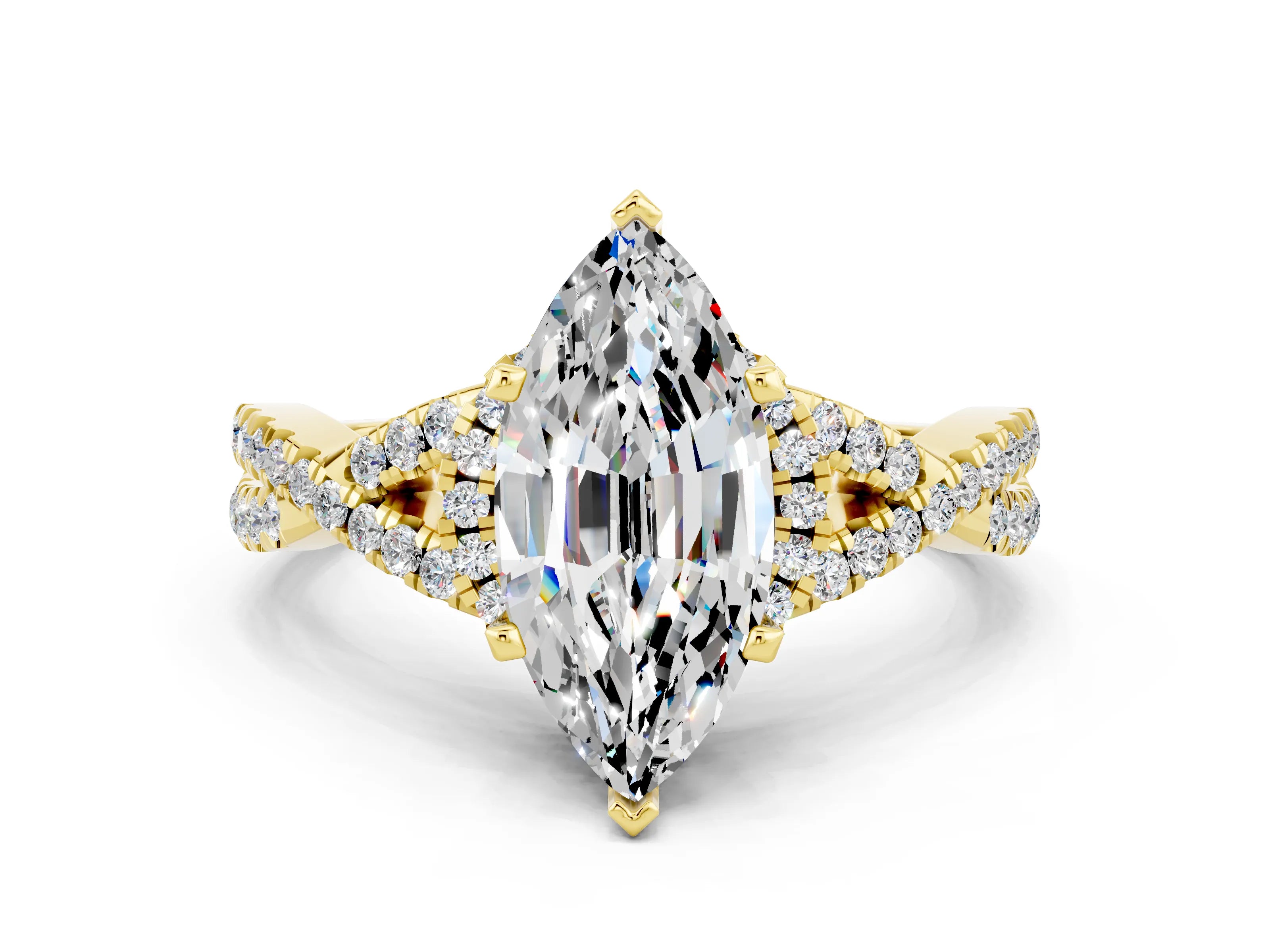Yellow gold Marquise Cut Moissanite Halo Twist Band Solitaire Prong Setting Ring