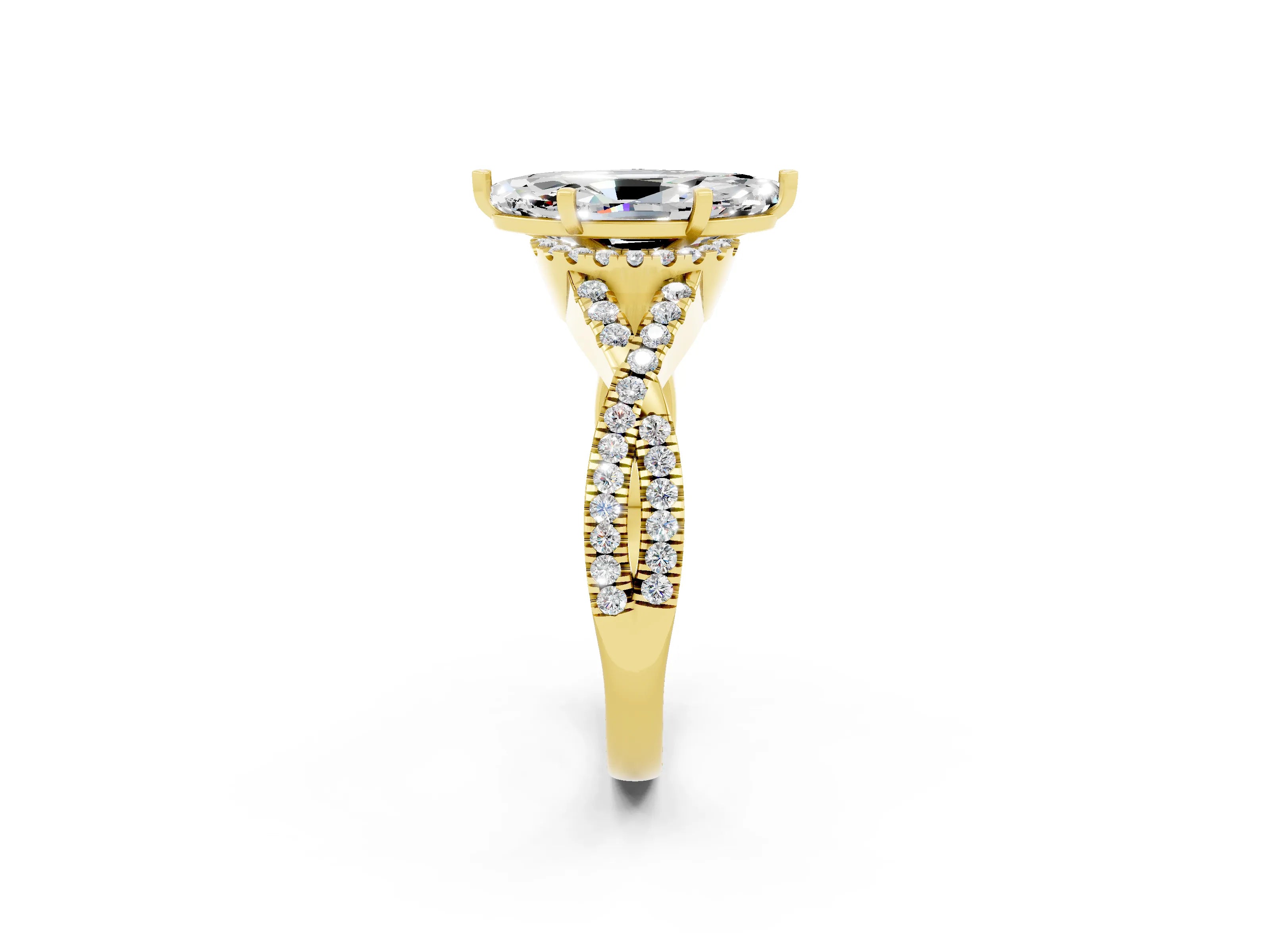 Yellow gold Marquise Cut Moissanite Halo Twist Band Solitaire Prong Setting Ring_2