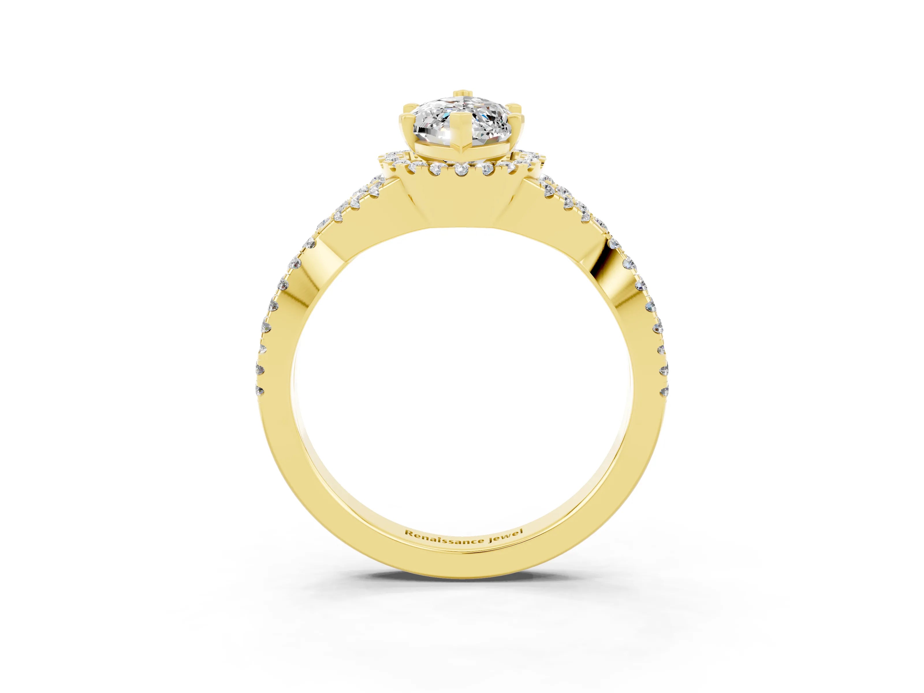 Yellow gold Marquise Cut Moissanite Halo Twist Band Solitaire Prong Setting Ring_3