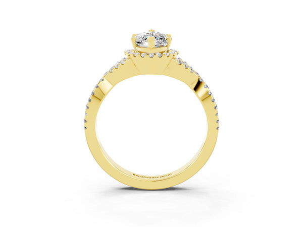 Yellow gold Marquise Cut Moissanite  Halo Twist Band Solitaire Prong Setting Ring