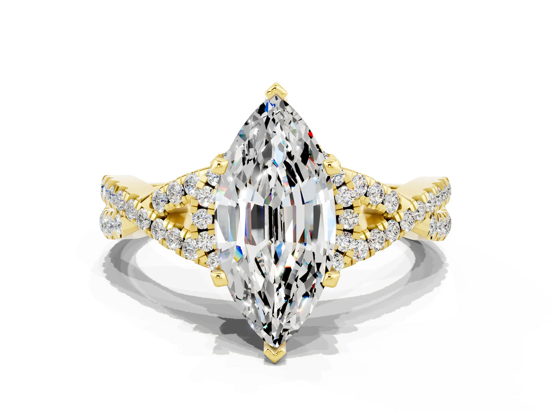 Yellow gold Marquise Cut Moissanite  Halo Twist Band Solitaire Prong Setting Ring_42