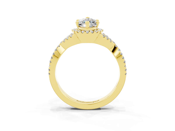 Yellow gold Marquise Cut Moissanite  Halo Twist Band Solitaire Prong Setting Ring