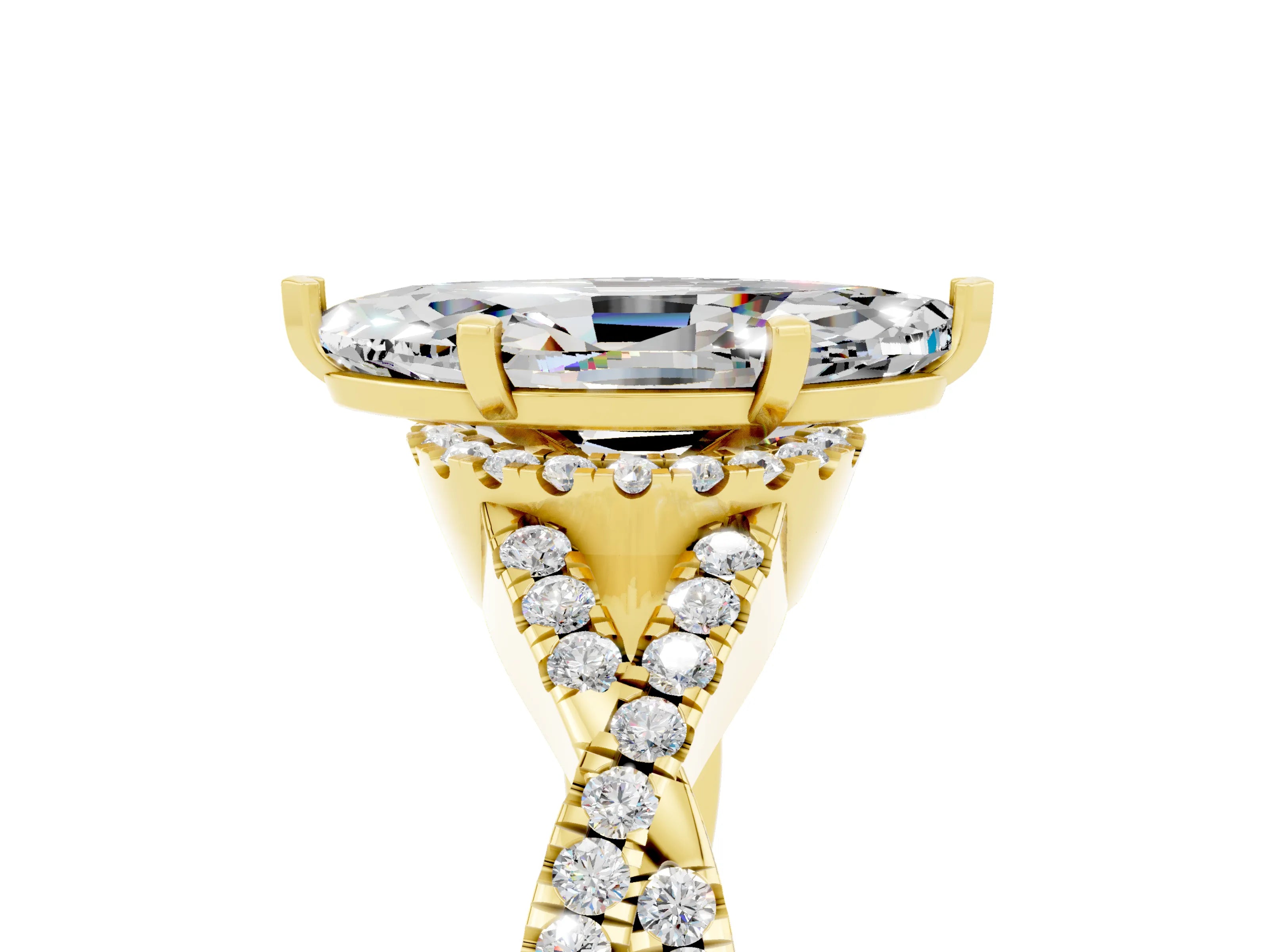 Yellow gold Marquise Cut Moissanite Halo Twist Band Solitaire Prong Setting Ring_5