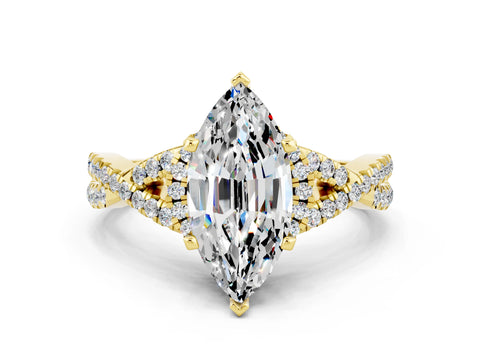 Yellow gold Marquise Cut Moissanite Halo Twist Band Solitaire Prong Setting Ring