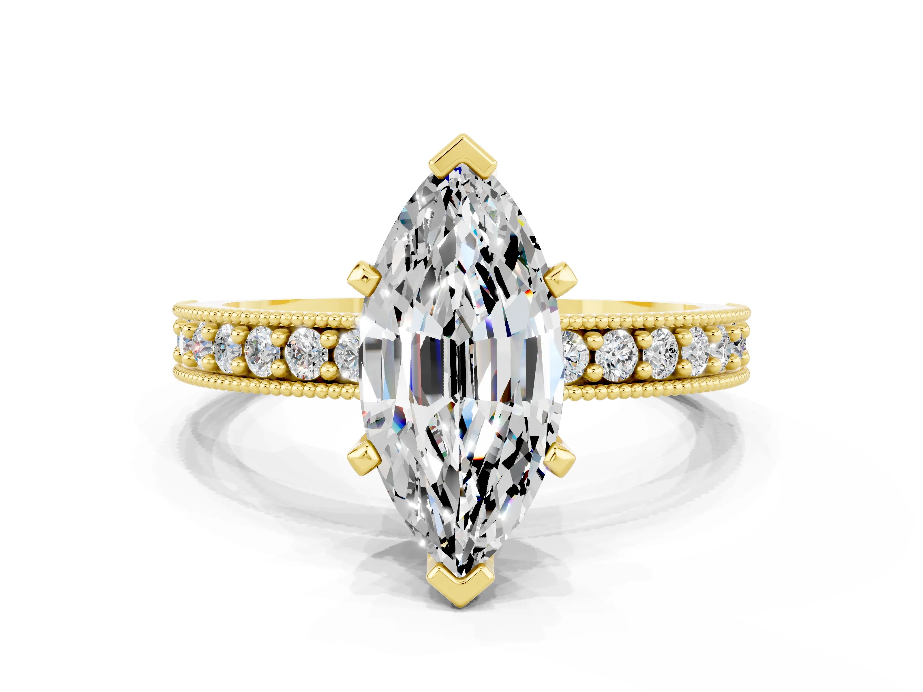 Yellow gold Marquise Cut Moissanite Milgrain Pavé Engagement Ring with Four-Prong Setting