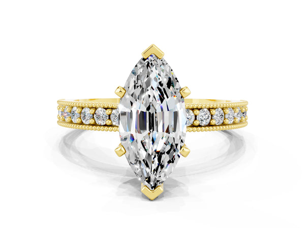 Yellow gold Marquise Cut Moissanite Milgrain Pavé Engagement Ring with Four-Prong Setting