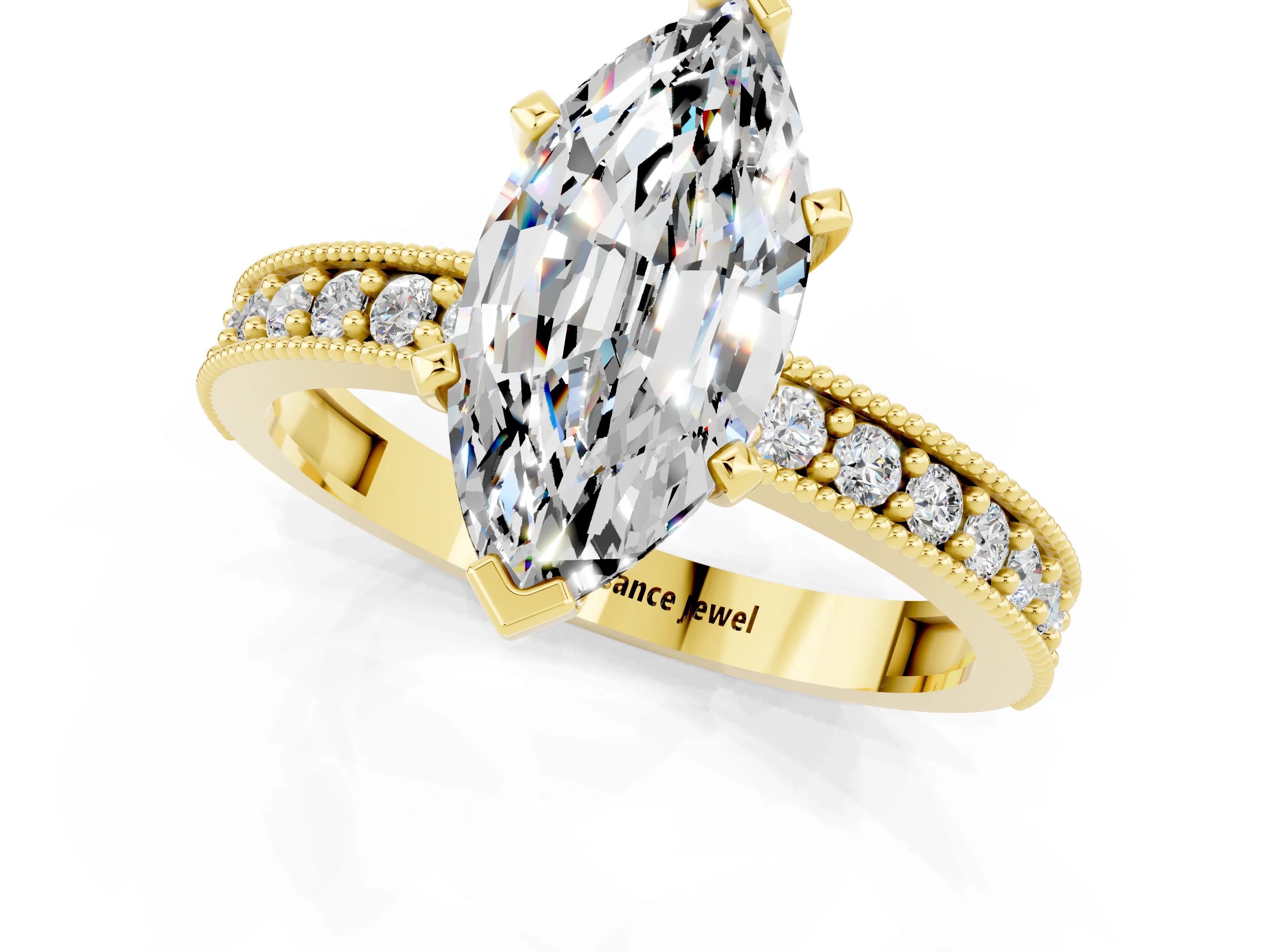 Yellow gold Marquise Cut Moissanite Milgrain Pavé Engagement Ring with Four-Prong Setting_1