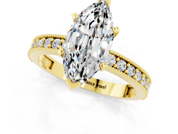 Yellow gold Marquise Cut Moissanite Milgrain Pavé Engagement Ring with Four-Prong Setting