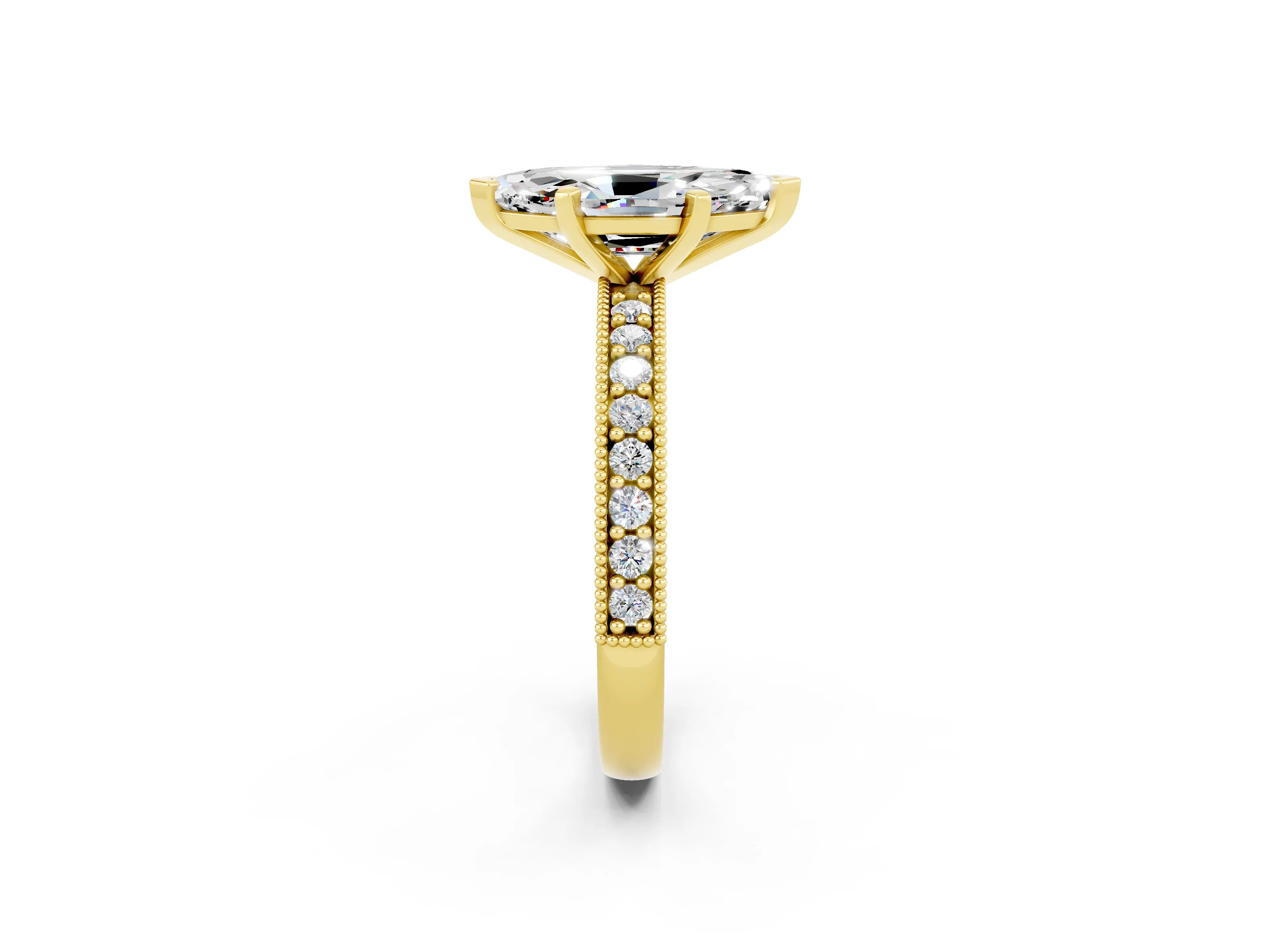 Yellow gold Marquise Cut Moissanite Milgrain Pavé Engagement Ring with Four-Prong Setting_2