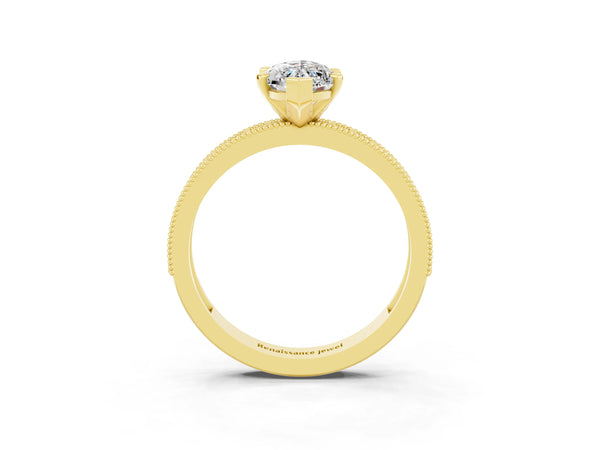 Yellow gold Marquise Cut Moissanite Milgrain Pavé Engagement Ring with Four-Prong Setting