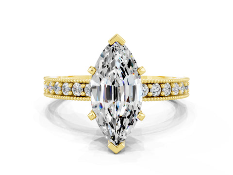 Yellow gold Marquise Cut Moissanite Milgrain Pavé Engagement Ring with Four-Prong Setting