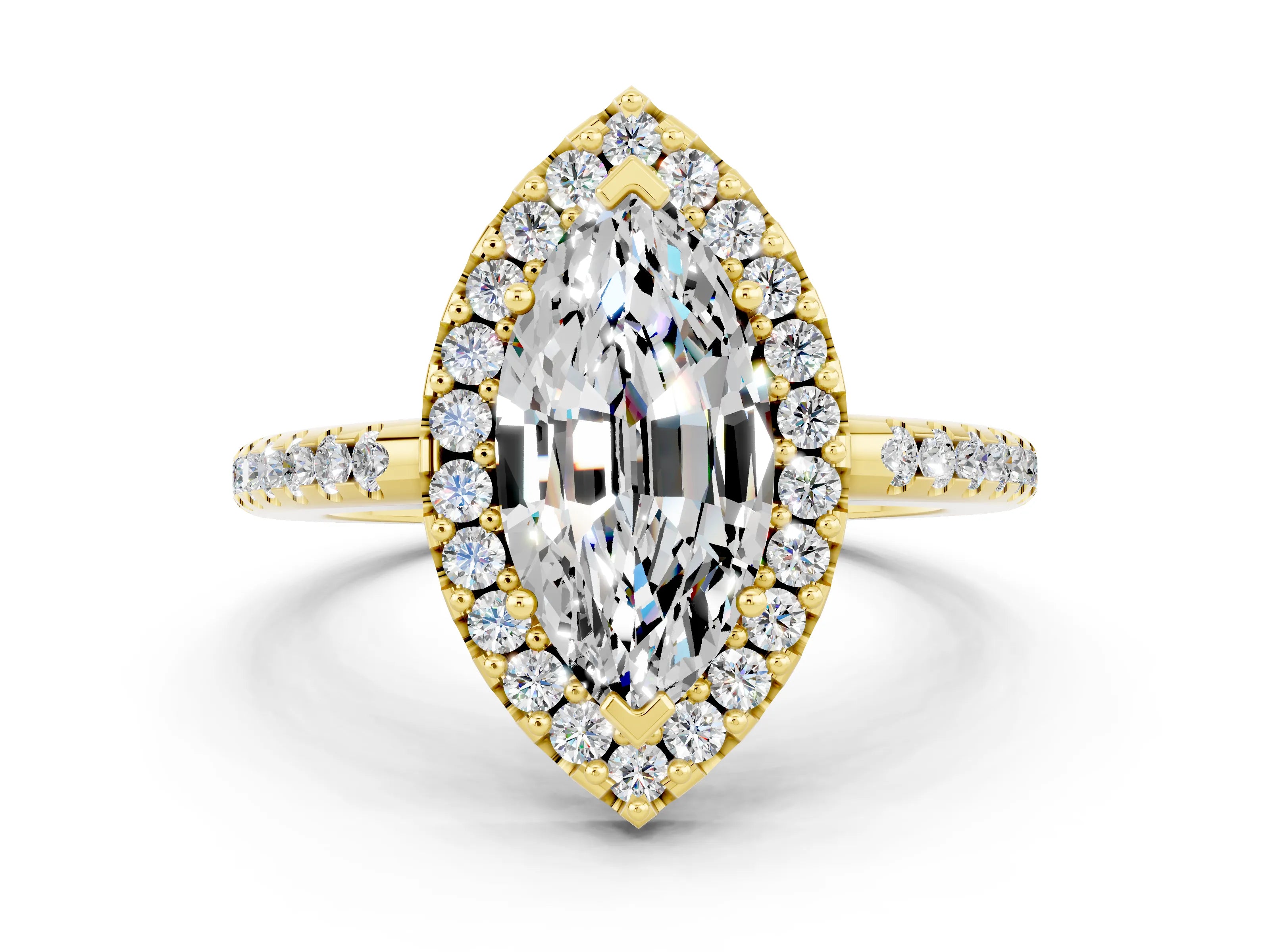 Yellow gold Marquise Cut Moissanite Pavé Halo Ring with Four-Prong Setting_12
