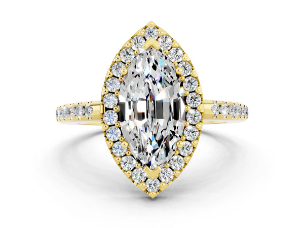 Yellow gold Marquise Cut Moissanite Pavé Halo Ring with Four-Prong Setting