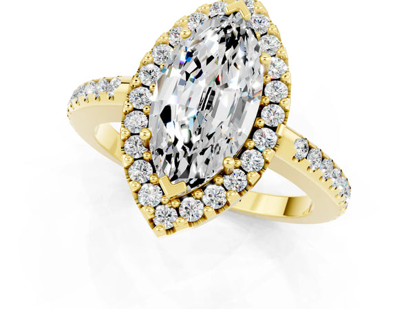 Yellow gold Marquise Cut Moissanite Pavé Halo Ring with Four-Prong Setting