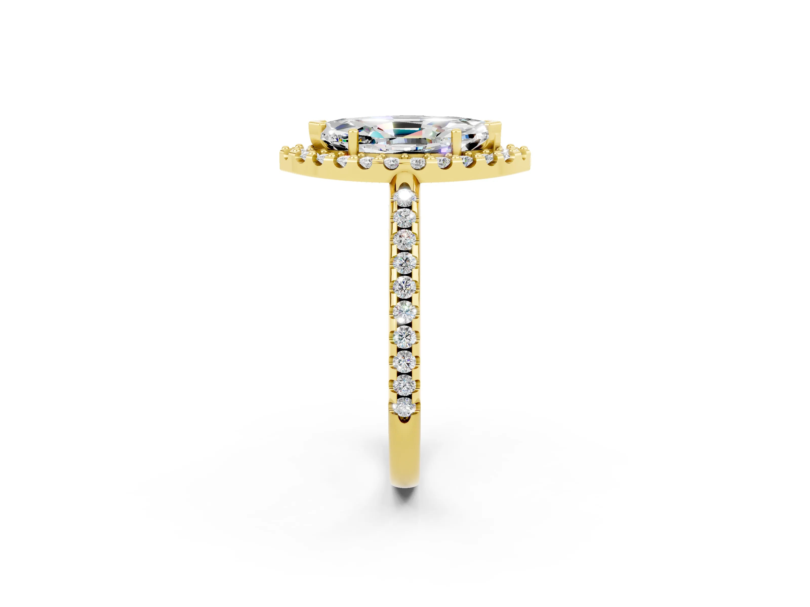 Yellow gold Marquise Cut Moissanite Pavé Halo Ring with Four-Prong Setting_14