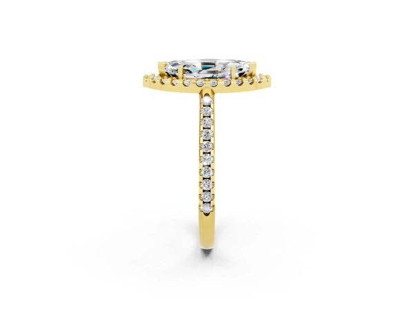Yellow gold Marquise Cut Moissanite Pavé Halo Ring with Four-Prong Setting
