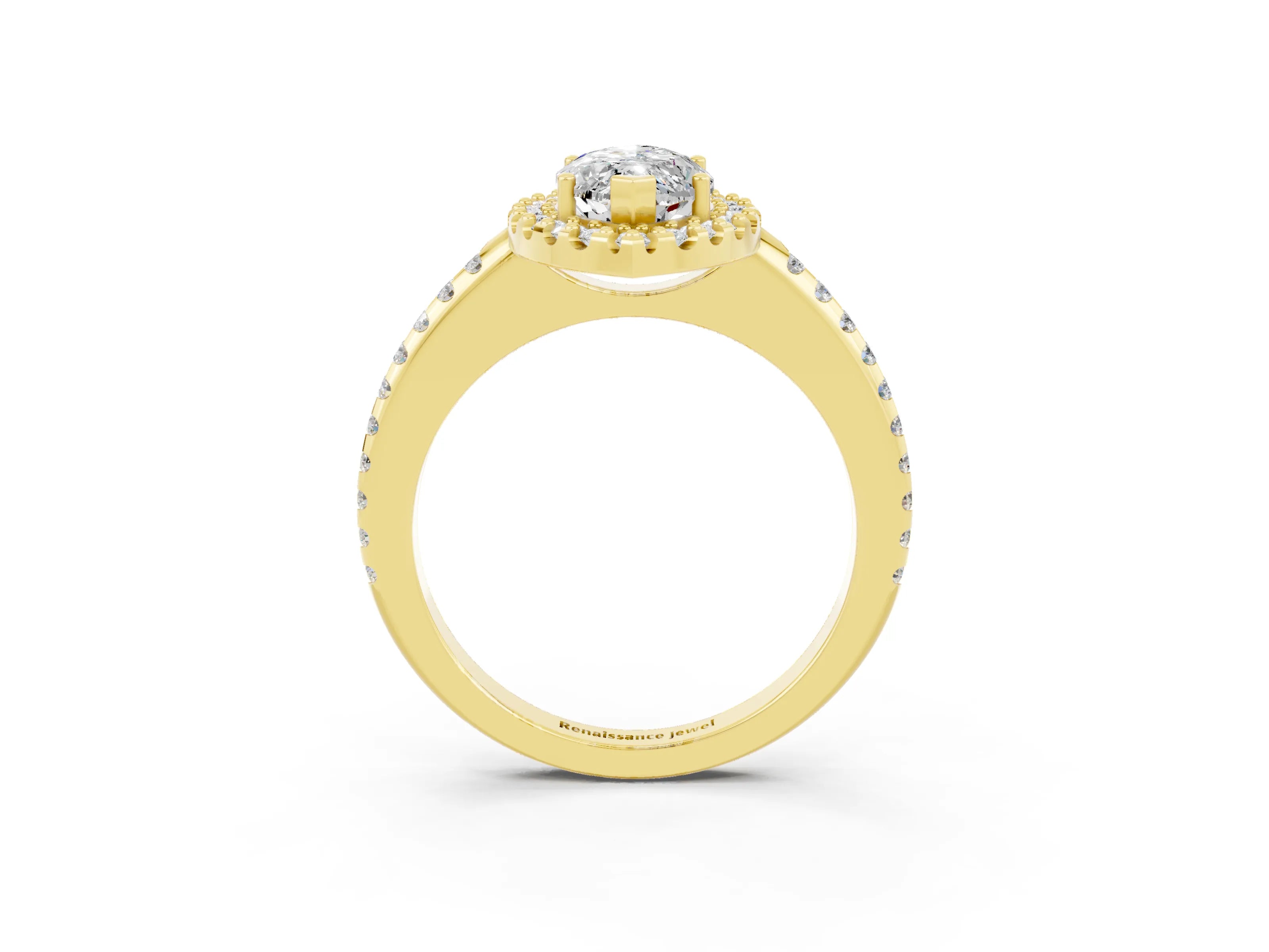 Yellow gold Marquise Cut Moissanite Pavé Halo Ring with Four-Prong Setting_15