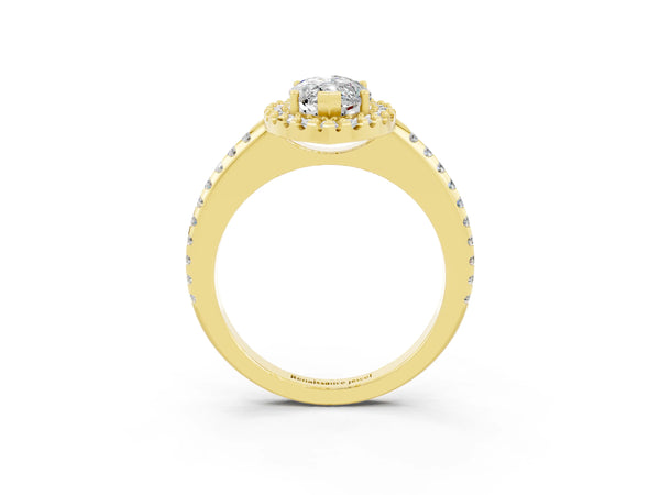 Yellow gold Marquise Cut Moissanite Pavé Halo Ring with Four-Prong Setting
