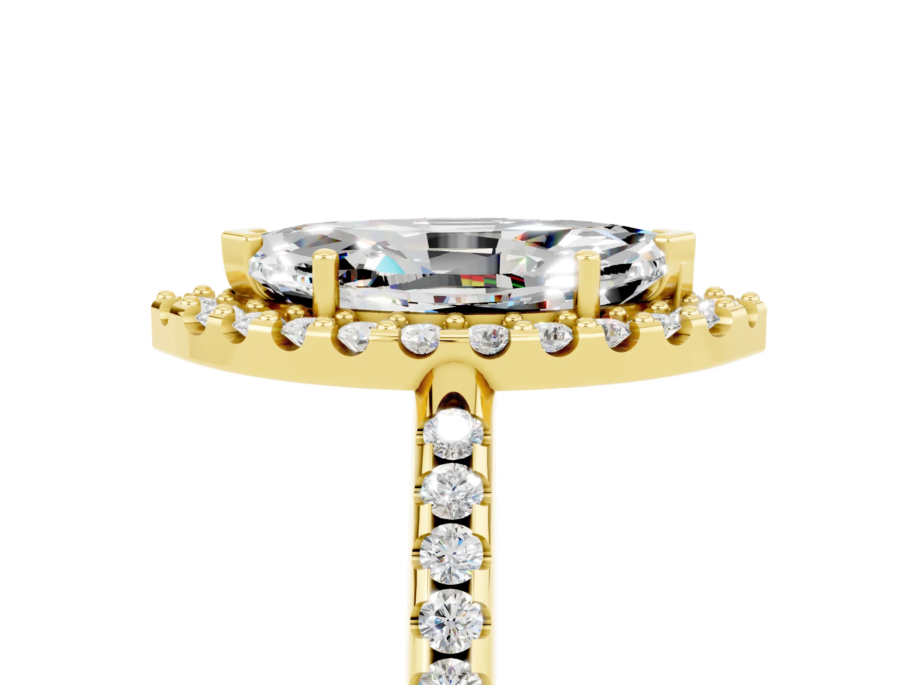Yellow gold Marquise Cut Moissanite Pavé Halo Ring with Four-Prong Setting_17
