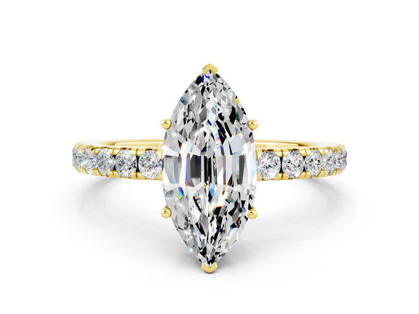 Yellow gold Marquise Cut Moissanite Pavé Solitaire Engagement Ring with Four-Prong Setting