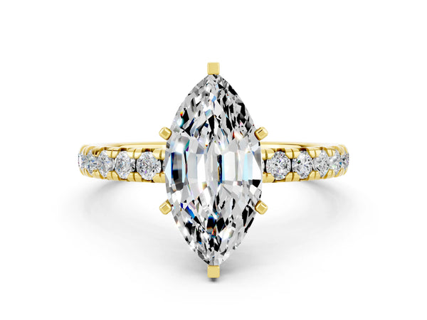 Yellow gold Marquise Cut Moissanite Pavé Solitaire Ring with Round Band and Prong Setting