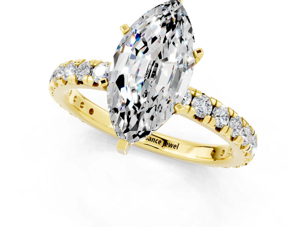 Yellow gold Marquise Cut Moissanite Pavé Solitaire Ring with Round Band and Prong Setting