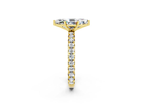 Yellow gold Marquise Cut Moissanite Pavé Solitaire Ring with Round Band and Prong Setting