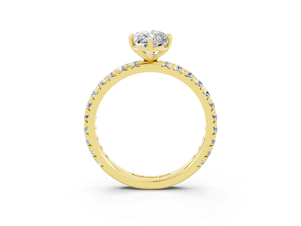 Yellow gold Marquise Cut Moissanite Pavé Solitaire Ring with Round Band and Prong Setting