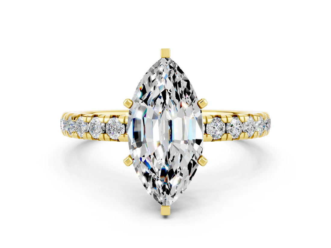 Yellow gold Marquise Cut Moissanite Pavé Solitaire Ring with Round Band and Prong Setting_24